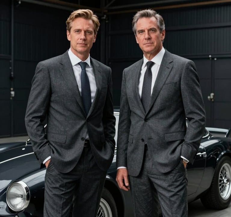 A cinematic medium shot of two confident entrepreneurs in tailored charcoal grey suits, standing in an obsidian black hangar next to a rare classic sports car. The lighting is focused and prestigious.
