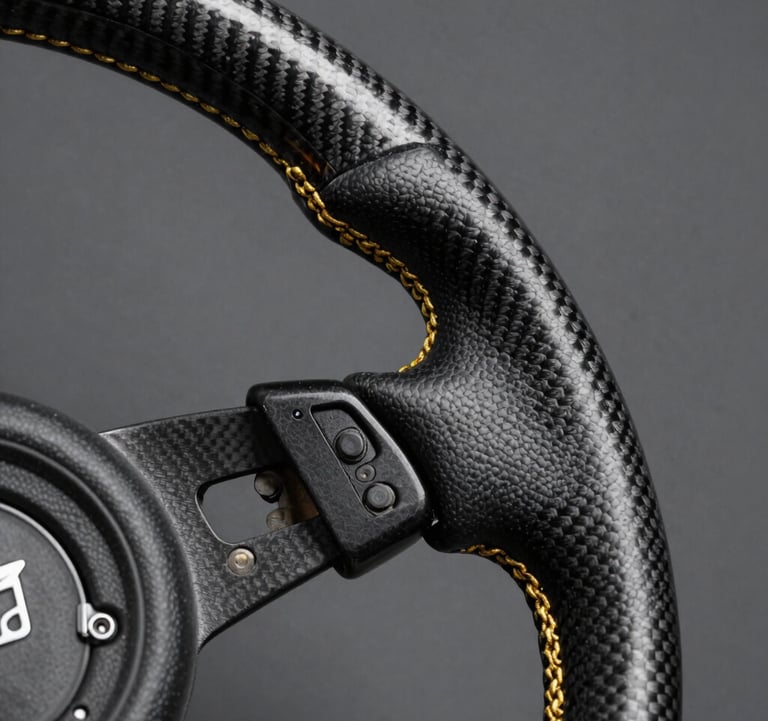 Close-up macro shot of a carbon fiber steering wheel with burnished gold stitching. Sharp focus on the texture of the material with a soft anthracite grey background.