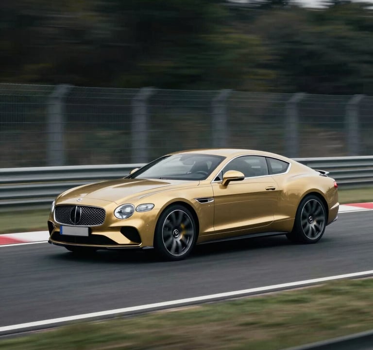 Action shot of a muted gold luxury coupe accelerating on a track. The background is a motion-blurred landscape of charcoal grey and dark green, with the crisp off-white lines of the circuit providing a sense of extreme speed and precision.