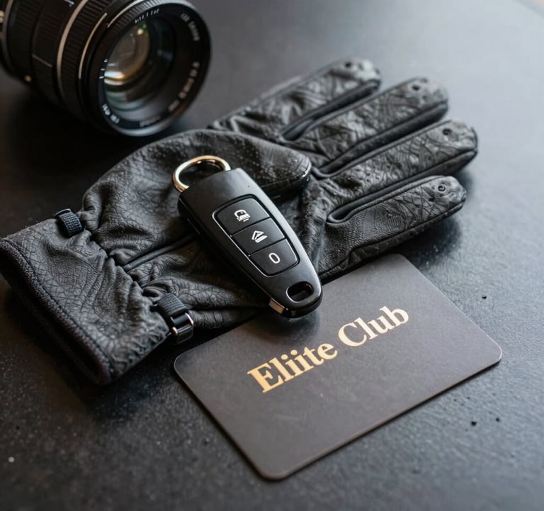 A still life arrangement of elite club accessories: an obsidian black key fob, a pair of charcoal grey driving gloves, and a membership card with muted gold embossed lettering, resting on a polished dark surface.