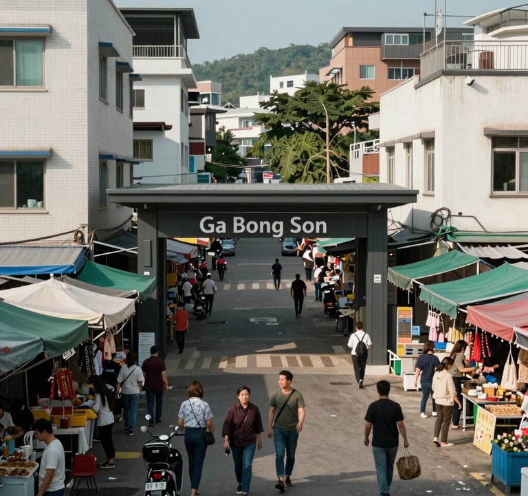 Photography of the bustling local surroundings near the project, including the modern entrance of Ga Bong Son or the local market area, highlighting the central connectivity and convenience of the location.