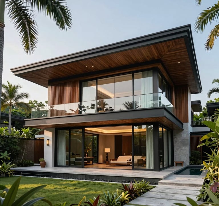 Luxury villa architecture with modern Southeast Asian design, featuring large glass panels and wood accents, surrounded by tropical greenery. Professional architectural shot under clear skies.