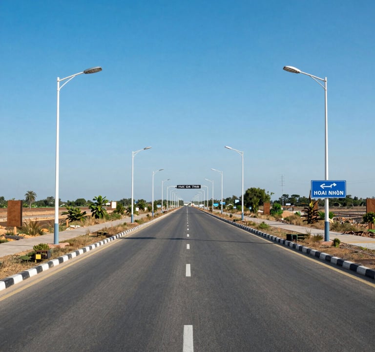 A clean, eye-level shot of the completed infrastructure at Phúc Gia Tân, showing wide asphalt streets, modern street lighting, and clear signage under a bright, clear blue sky in Hoài Nhơn.