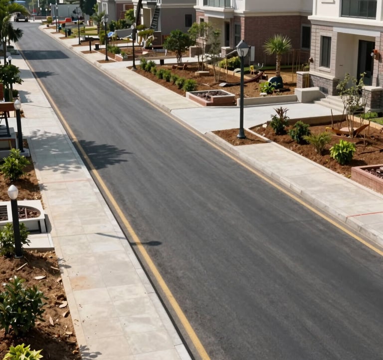 High-quality photography of modern land lots with completed infrastructure, including smooth asphalt roads and sidewalks in a Vietnamese suburban setting. Bright daylight, professional and inviting mood.