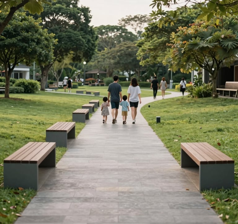 A serene lifestyle photo of a central park area in Bồng Sơn Residence. Wide stone pathways, modern benches, and lush green lawns. A Southeast Asian family is seen walking in the distance, conveying a peaceful and civil community.
