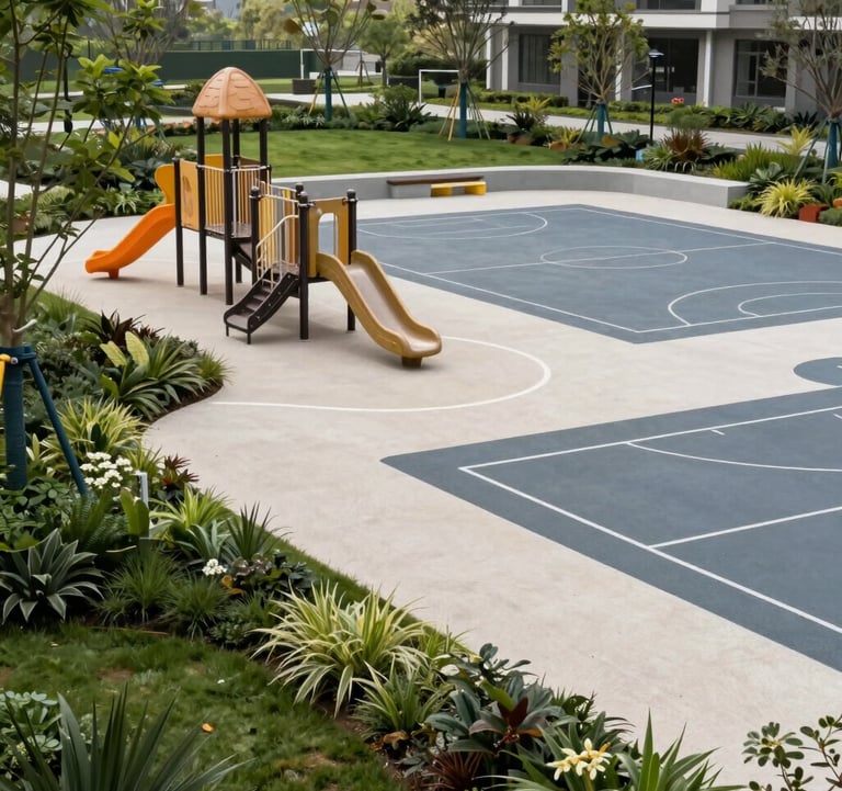 A vibrant park within the development featuring a modern playground and multi-purpose sports courts. Professional landscaping with off-white and green colors in a professional composition.