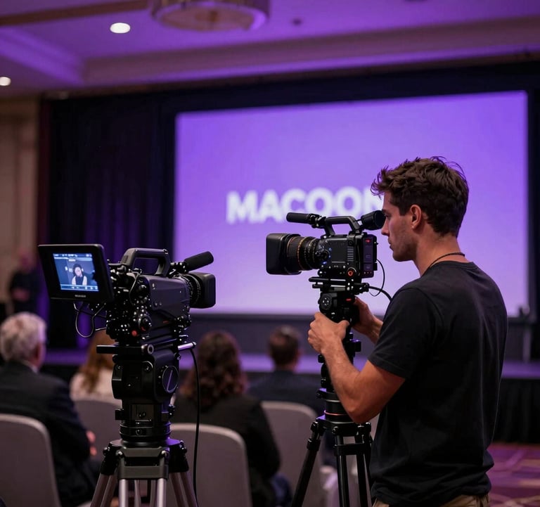 A cinematic shot of a professional corporate event in a high-end North American venue. The composition focus on the sharp contrast between dark charcoal shadows and vibrant Macroon purple stage lighting, capturing the energy of professional photography and videography.