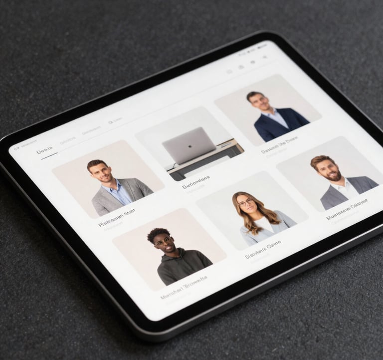A close-up photograph of a sleek digital tablet displaying minimalist social media layouts. The tablet sits on a dark charcoal textured surface. The lighting is crisp with off-white highlights, emphasizing modern digital presence in a North American corporate setting.