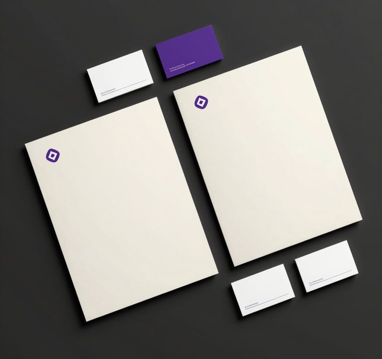 A top-down architectural photography shot of professional business stationery, including letterheads and cards, arranged perfectly on a deep space black desk. The design is minimalist with off-white paper and sharp purple accents.