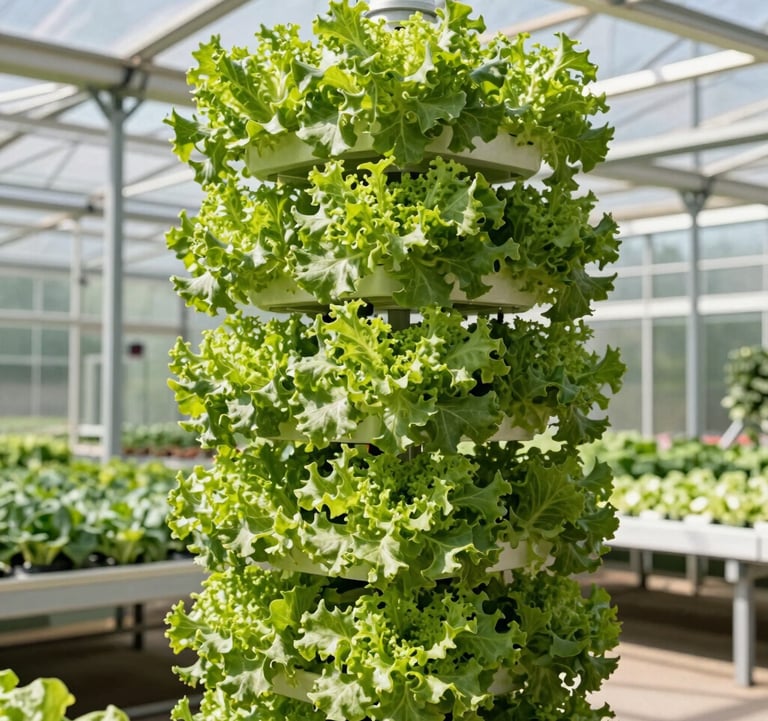 A high-tech automated vertical hydroponic tower system loaded with vibrant green leafy vegetables inside a modern glass greenhouse. Commercial agriculture and hydroponics markets context. Natural bright sunlight, industrial design, realistic photography.