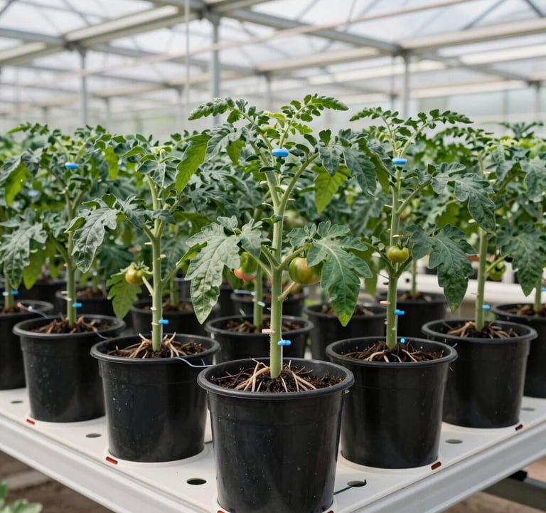 Rows of black Dutch buckets containing tomato plants with thick stems, supported by overhead trellises. Healthy root systems nurtured by a precise drip line setup in a vast industrial greenhouse. Global commercial agriculture and hydroponics markets. Clean, professional-grade farming. Colors: natural tomato leaf green, charcoal black, soft gray, and steel blue accents.