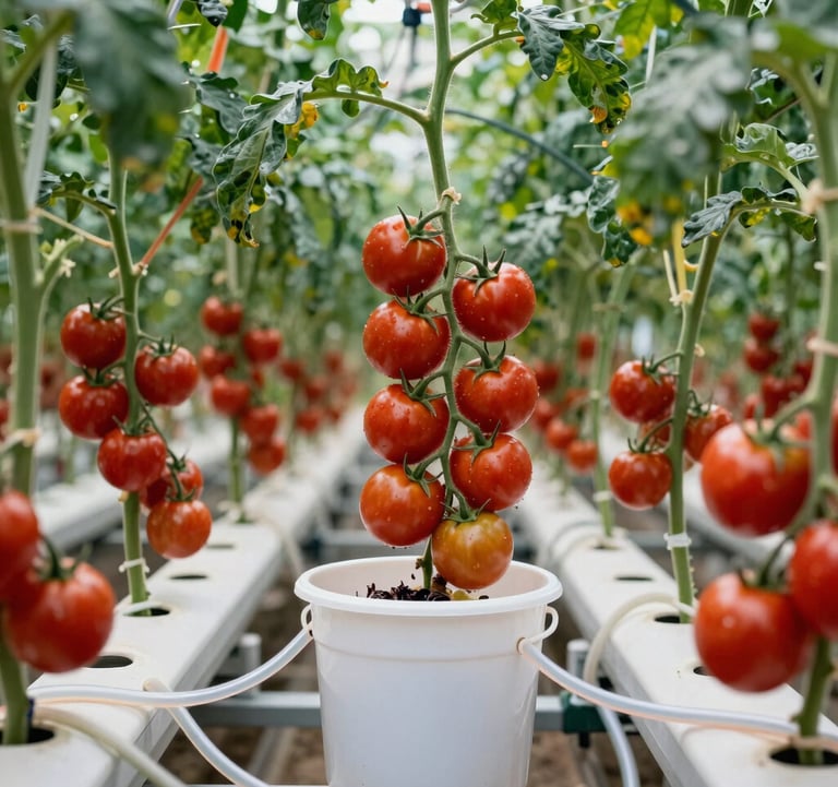 Heavy-duty Dutch bucket system growing ripe red tomatoes in a high-density, professional farming layout. Spotless clean environment, clear irrigation tubes, tech-forward agricultural efficiency. Real photography, global commercial agriculture and hydroponics markets context.