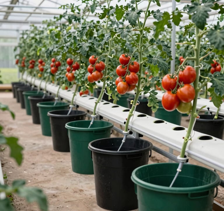 Detailed shot of heavy-duty black and green Dutch buckets lined up in an automated greenhouse, supporting robust vine tomato plants with ripe red tomatoes. Visible drip irrigation lines showing perfect logistics and engineering precision. Global commercial agriculture and hydroponics markets, bright overhead light, deep green and soft white tones.