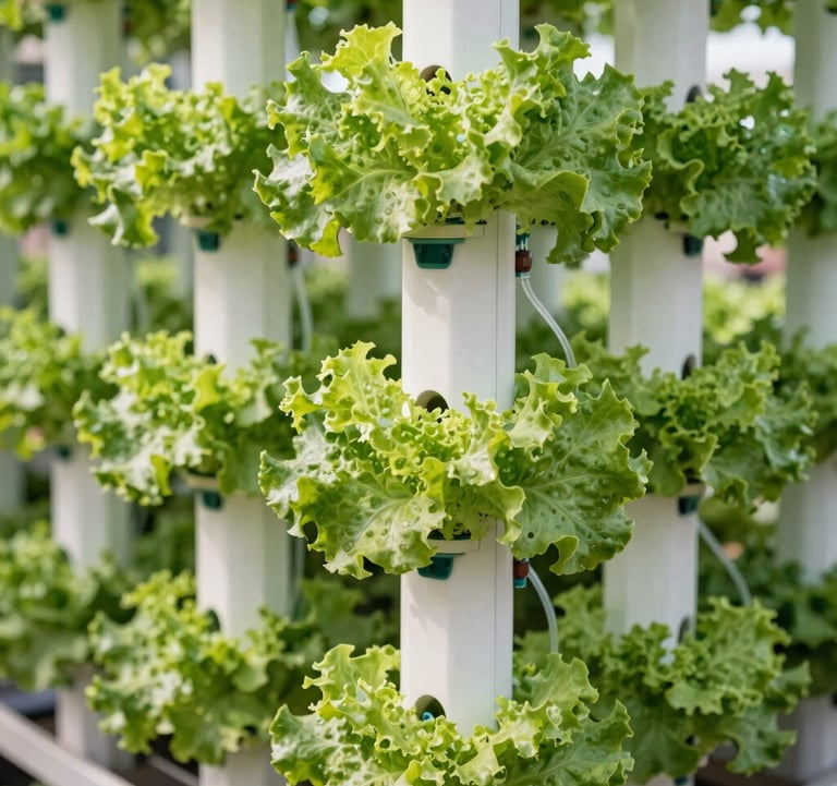 Close-up crisp commercial photograph of vertical hydroponic towers lush with green leafy lettuce. Precision nutrient delivery tubes are visible, showcasing a clean, professional, and reliable setup. Soft morning light, tech-forward atmosphere representing global commercial agriculture and hydroponics markets, with light green and dark green foliage.
