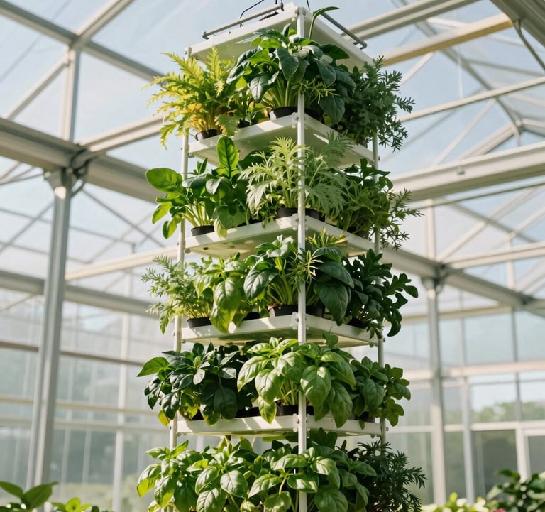 A towering, vertical hydroponic grow tower system installed inside a massive glass greenhouse. Lush green herbs, spinach, and basil cascading down the tower. Warm, golden sunlight filtering through the structure. Highly professional, clean, commercial-grade agricultural efficiency. Colors: rich emerald green, bright glass reflections, soft mint, and clean white.