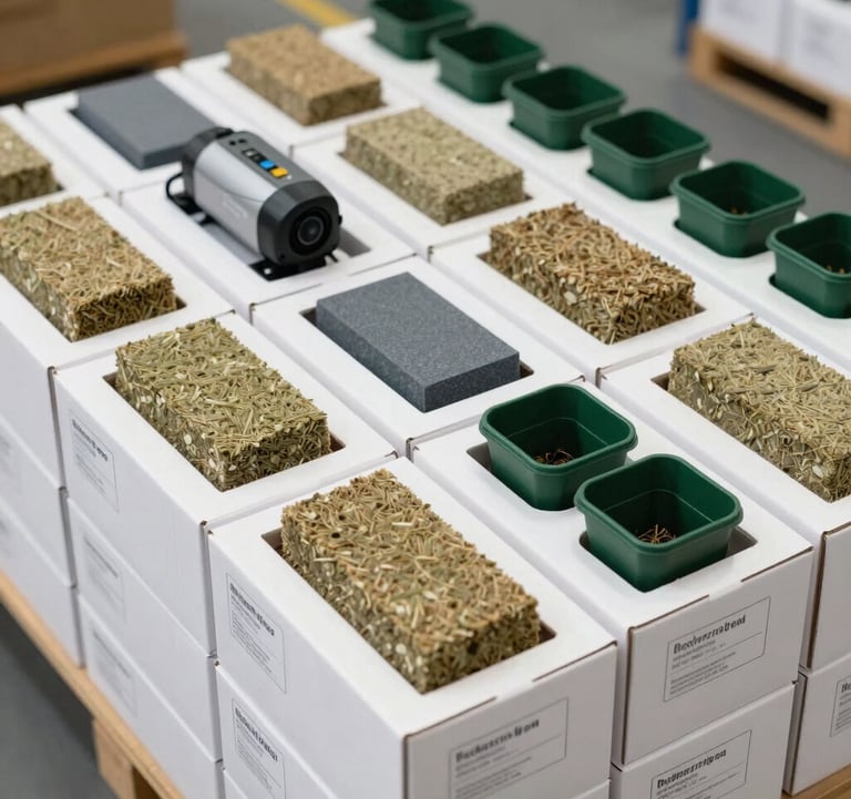 A high-angle photo of neatly packaged hydroponic starter kits ready for shipment. White cardboard boxes stamped with shipping labels, showing neat layers of rockwool blocks, planting baskets, and a small DC water pump inside. Modern logistics warehouse environment. Reliable, commercial-grade logistics. Colors: cardboard kraft, clean white, slate gray, and deep green.