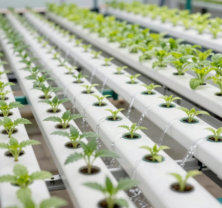 Eye-level shot of modern horizontal NFT channel systems with young herbs growing perfectly in rows. Water flowing smoothly through the precise channels, showing industrial precision. Bright and sterile environment, tech-forward, global commercial agriculture and hydroponics markets, soft white and sage green color scheme.