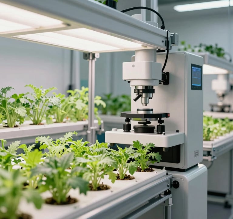 A professional commercial installation of an NFT system (nutrient film technique) with channels of growing herbs in a bright, clean industrial grow room. High reliability, modern precision agriculture. Global commercial agriculture and hydroponics markets style.