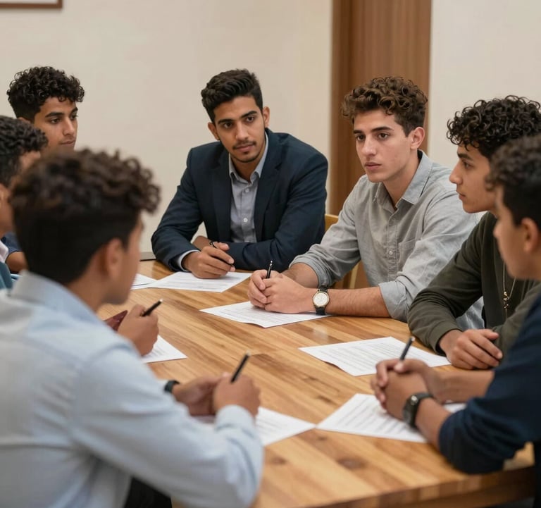 A professional photo of a collaborative youth meeting in Morocco, with young men and women discussing a community project around a wooden table, natural light, wearing casual professional attire.