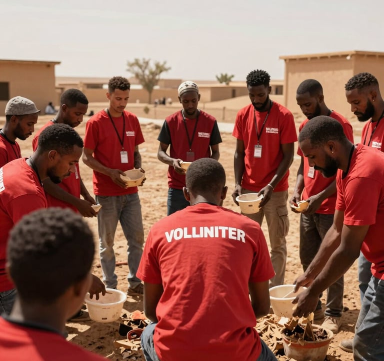 A documentary-style photo of a community volunteer project in North Africa, showing team members working together in a supportive and compassionate environment, under warm sunlight with red and earthy color tones.
