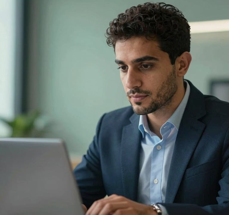 A close-up photography shot of a Moroccan entrepreneur in a professional setting, looking confidently at a laptop screen, soft green and blue colors in the background, professional business environment.