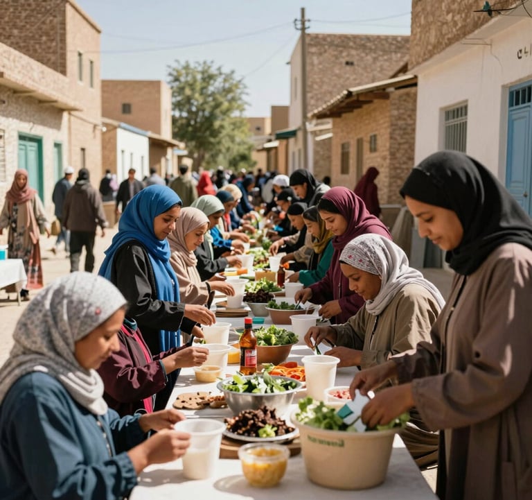 Photography of a community volunteering event in a North African neighborhood, people working together with joy, vibrant colors, sunlight, and a compassionate atmosphere.