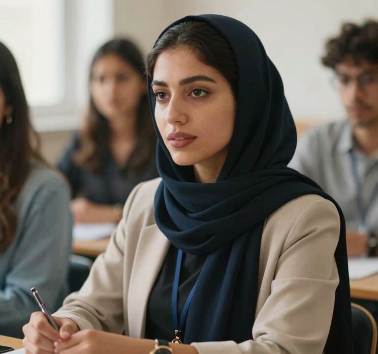 A close-up photograph of a Moroccan woman leading a professional workshop for young entrepreneurs, with natural lighting and a warm, supportive atmosphere. She is wearing modern professional attire.