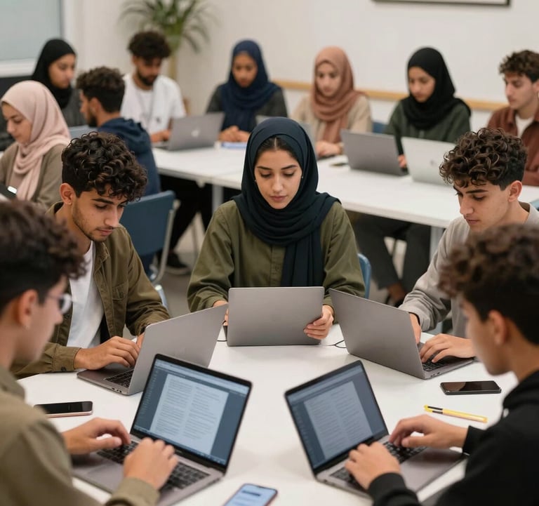 A professional photograph of a diverse group of Moroccan youth engaged in a collaborative learning environment, focusing on digital skills and social development within a modern Moroccan community center.