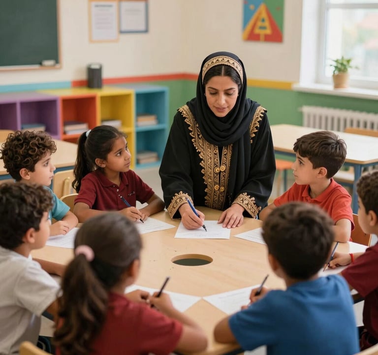 A heartwarming photograph of a Moroccan educational specialist working with a group of children in a colorful, modern classroom, emphasizing community support and compassionate education.