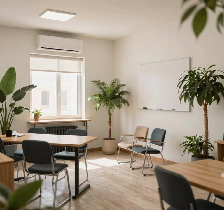 Photography of a bright and airy educational consultation room in Morocco, contemporary design, professional and inviting setting with soft lighting and green plant accents.