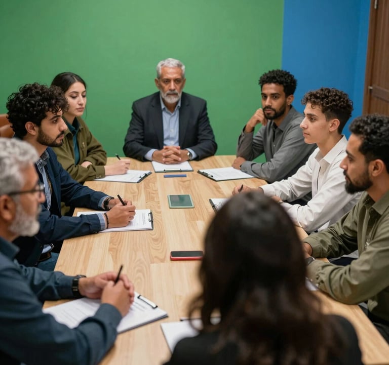 A professional photograph of a collaboration meeting between diverse professionals in a Moroccan community center, focused on economic empowerment and youth entrepreneurship initiatives, with green and blue accents in the background.