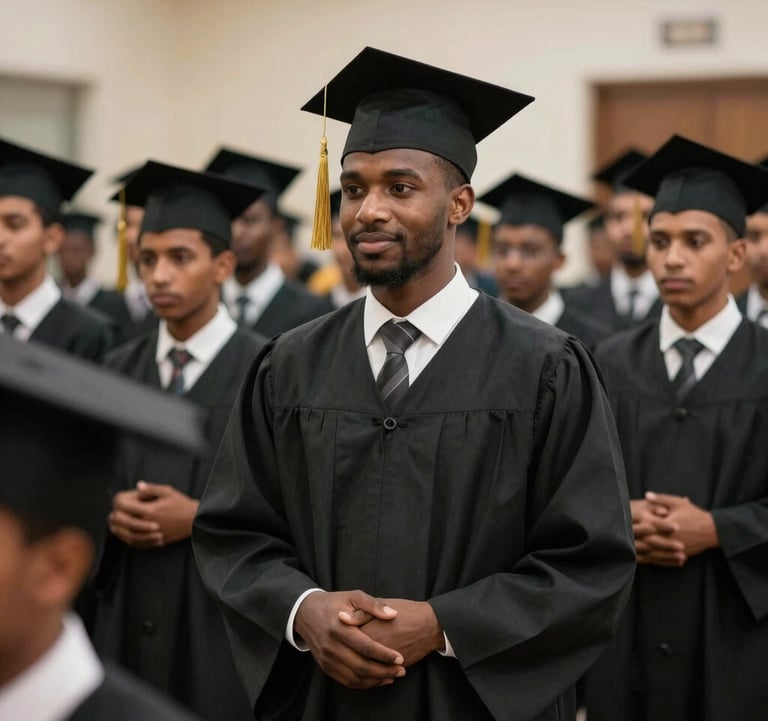 Photography of a graduation ceremony for young adult training programs in North Africa, symbols of success and institutional pride, professional and celebratory atmosphere.