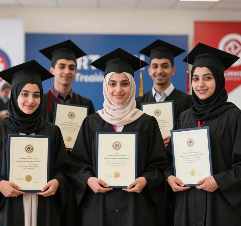 A professional portrait of a group of Moroccan students celebrating their graduation from a training course, smiling and holding certificates in a contemporary hall decorated with blue and red branding.