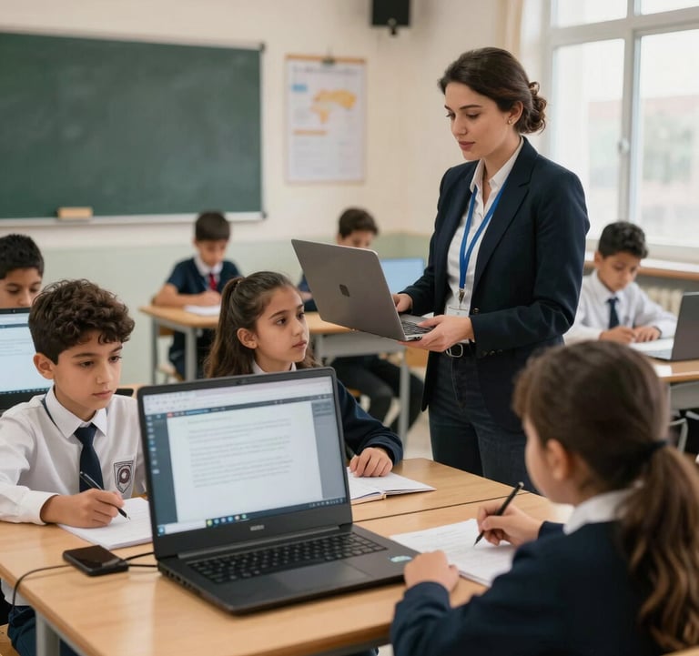 A professional photography shot of students in a modern Moroccan classroom setting, using educational technology, emphasizing innovation and empowerment in childhood education.