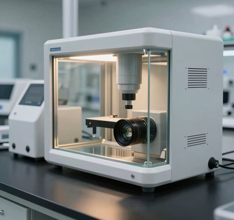 A professional shot of a modern, clean agricultural laboratory setting. Precision equipment sits on a pitch black surface with soft beige and warm gold reflections on the glass. The atmosphere is clinical, professional, and high-tech.