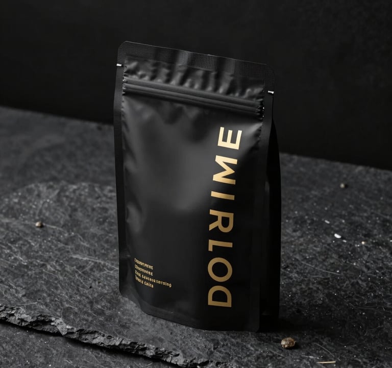 A minimalist, high-end studio shot of a branded DORPRIME product package. The packaging is sleek black with gold lettering, placed on a dark stone surface with dramatic side lighting.
