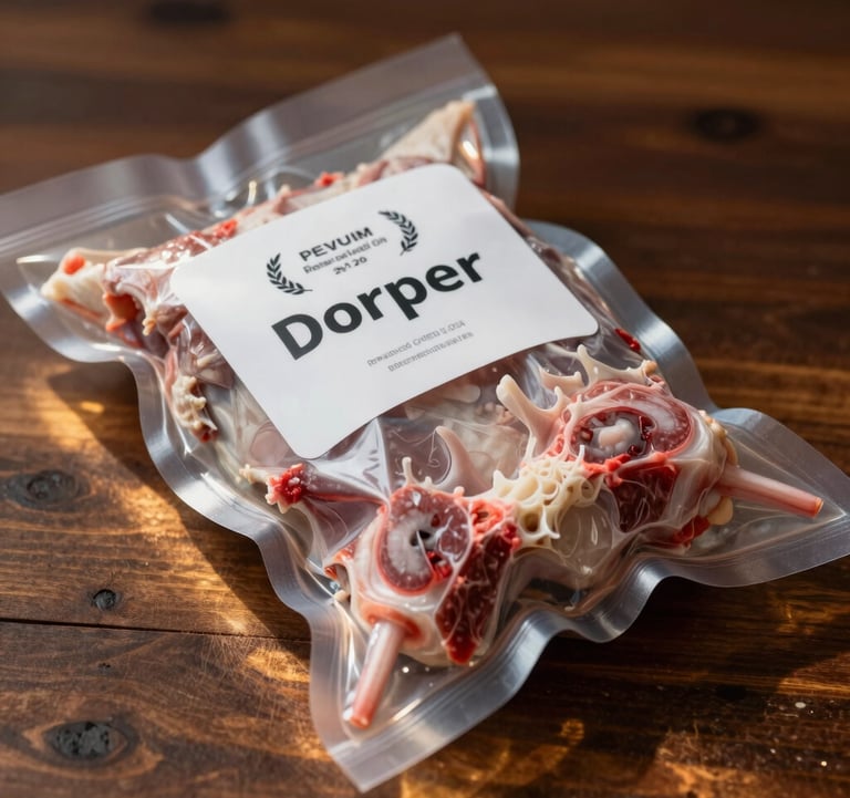 A close-up of a premium Dorper lamb product in vacuum-sealed packaging with a minimalist label. The packaging rests on a deep umber wooden surface with warm gold light catchments.