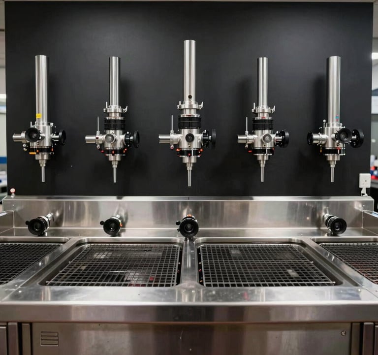 An interior shot of a processing facility that looks more like a high-end kitchen. Clean stainless steel surfaces, pitch black walls, and precision tools organized symmetrically.