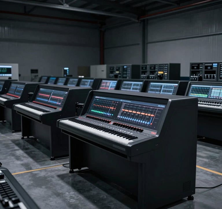 A minimalist, low-light shot of a professional processing and distribution center. The scene features matte black surfaces and structured layouts, evoking a sense of high-end logistics and trust.