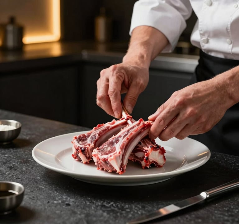 A high-end culinary photograph of a professional chef's hands carefully plating a rack of Dorper lamb. The setting is a minimalist, modern kitchen with matte black surfaces and warm golden accent lighting.