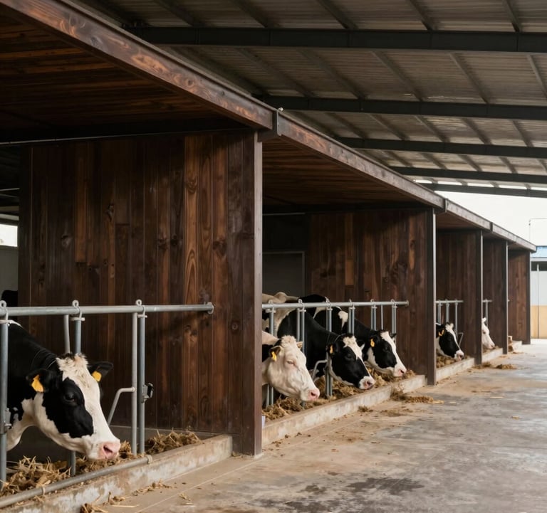 A professional architectural shot of a minimalist livestock breeding facility. The structures are clean and modern, using earthy dark brown materials. The lighting is calm and elegant, emphasizing precision and biosecurity.