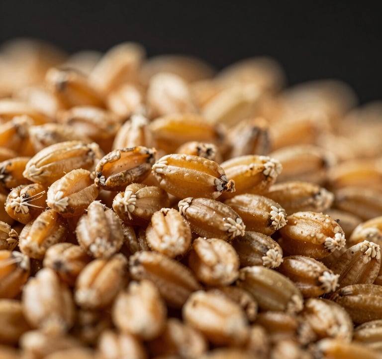 A macro shot of organic feed grain, emphasizing texture and purity. The grains are lit with warm gold tones against a pitch black background, suggesting quality and precision in feed management.