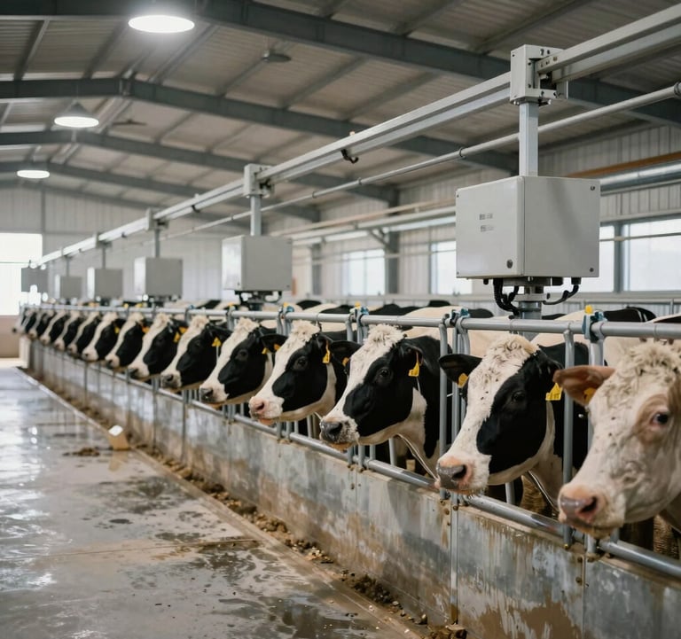 A professional wide shot of a controlled indoor livestock environment. The facility is impeccably clean, featuring metal structures and precise technical equipment, reflecting an integrated livestock system.