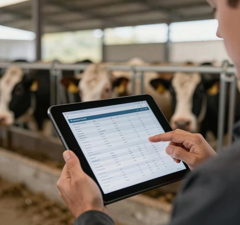 A close-up of a professional livestock breeder’s hands holding a digital tablet with data charts, with a blurred background of a clean, structured farm. The lighting is calm and professional.
