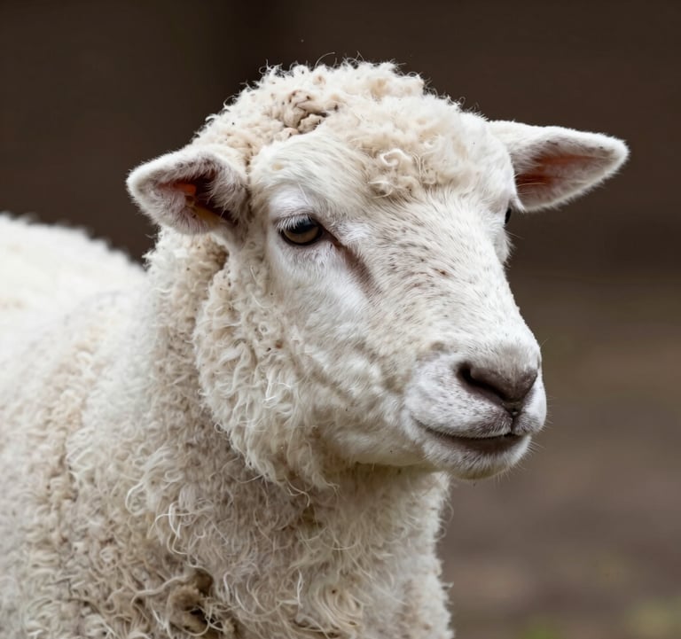 A macro photograph of premium wool texture from a Dorper lamb, highlighting the pure white fibers and natural quality. The lighting is soft and elegant, with deep brown shadows in the background.