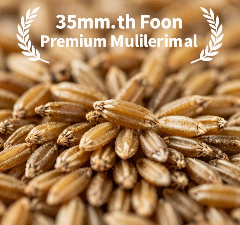 A macro photograph of high-quality, organic livestock feed grains. The image has a golden warm tone, shallow depth of field, and crisp focus, representing premium nutritional management.
