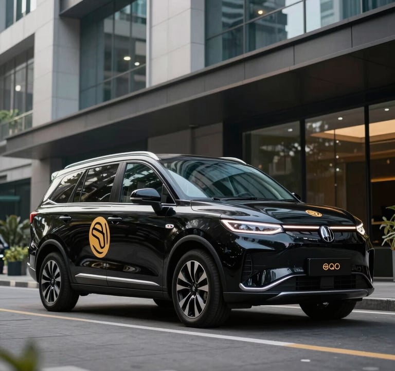 A sleek, branded delivery vehicle parked in front of a modern South Jakarta building. The vehicle is pitch black with a discreet warm gold logo. Low angle, luxury automotive photography style.