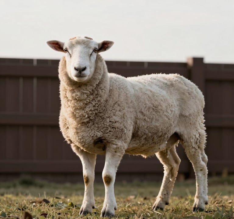 A high-resolution photograph of a healthy Dorper sheep in a clean, controlled environment. The lighting is soft morning light, highlighting the animal's healthy coat. The composition is minimalist and professional, set against a dark brown fence.