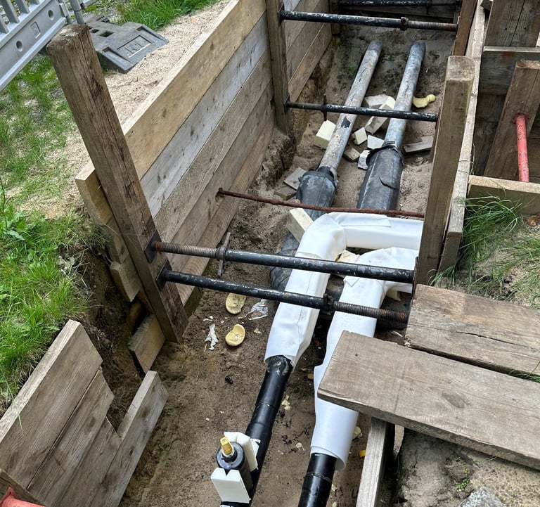 Baugrube mit Rohrleitungen – UFT Bau GmbH Gas- und Fernwärmeanschlüsse Berlin