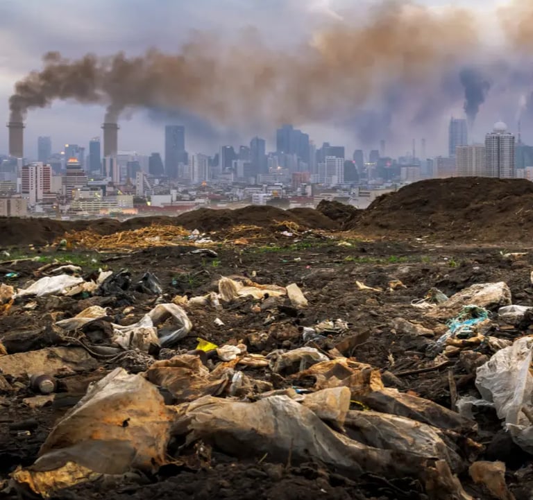 A city overview with brown smoke from chimneys and garbages on the ground
